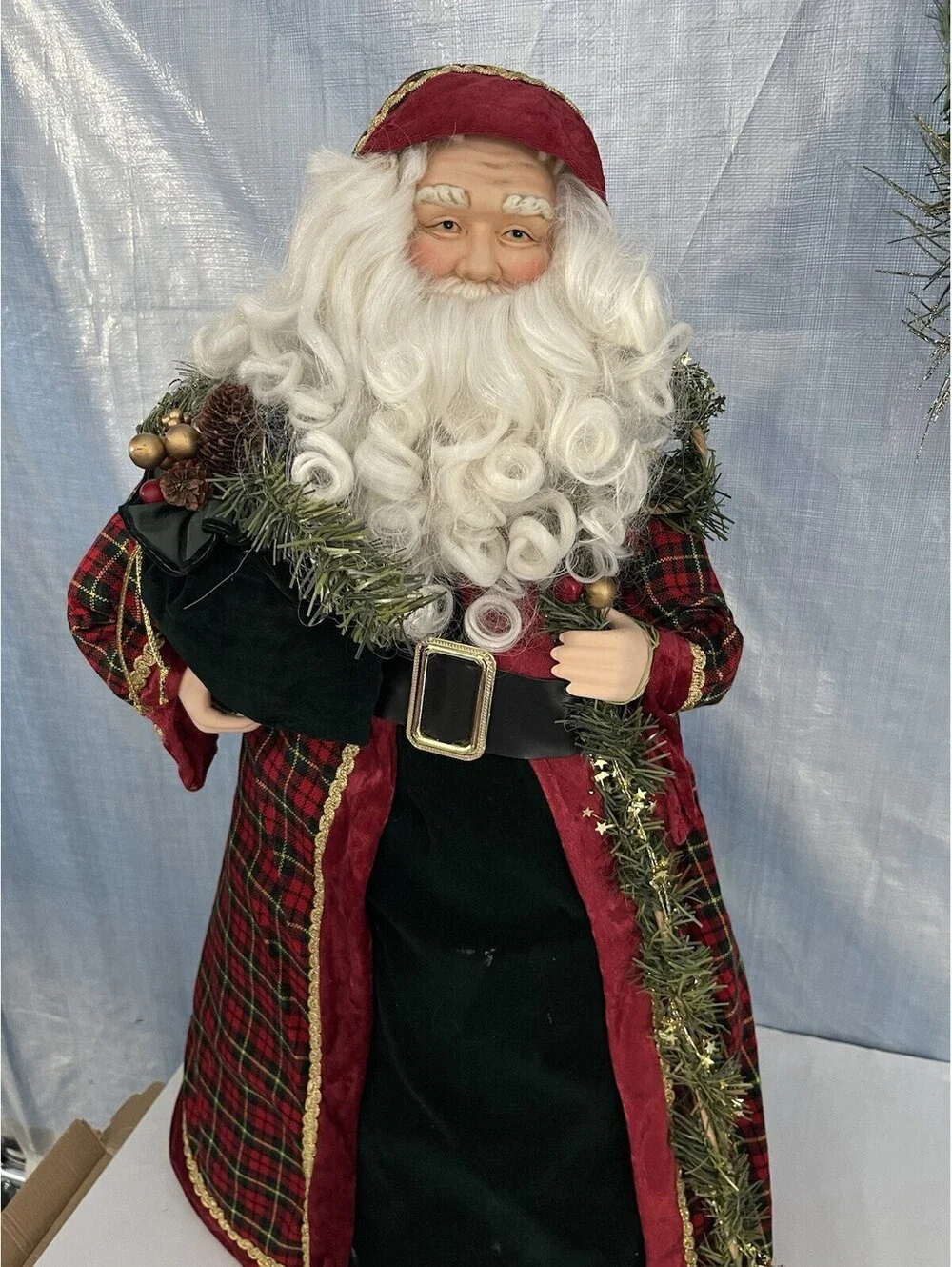 Vintage Santa Claus Figure 27” Standing Black Red Velvet Robe Christmas Decor